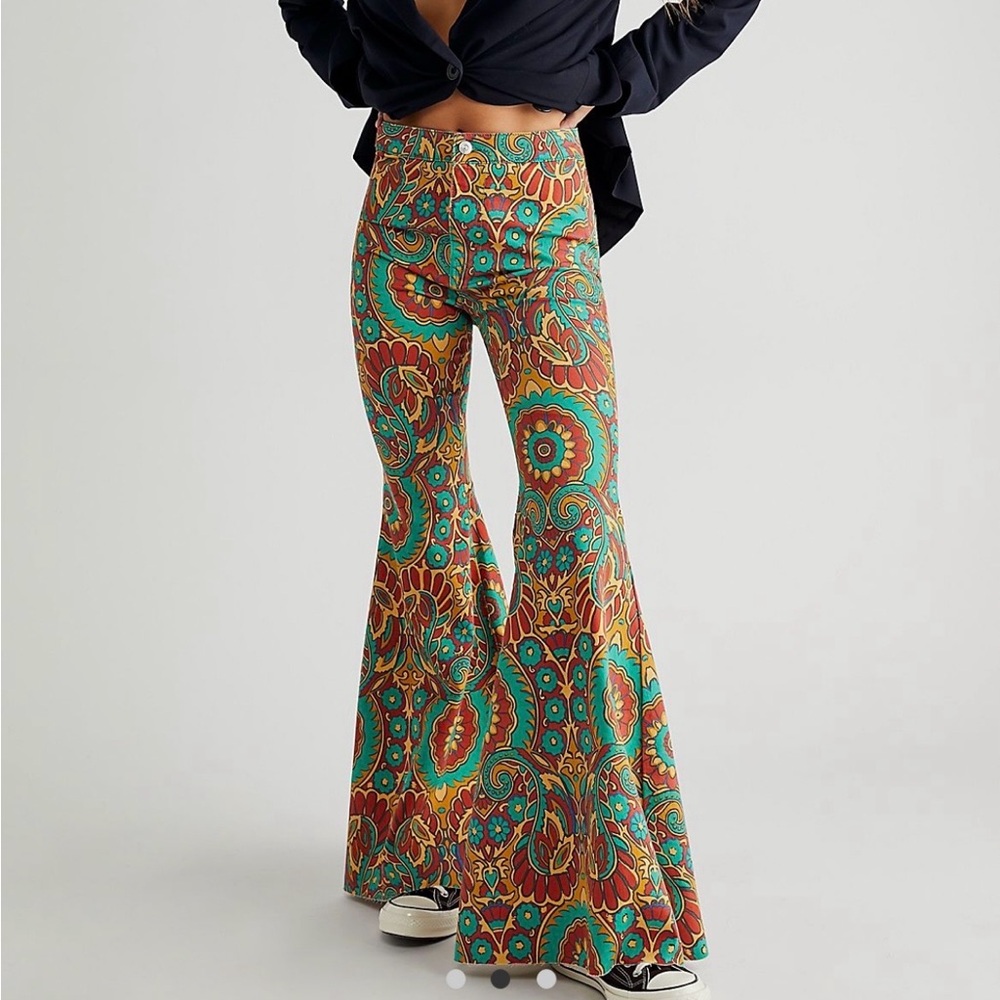 Free People Green and Red Flare Pants with Psychedelic Print